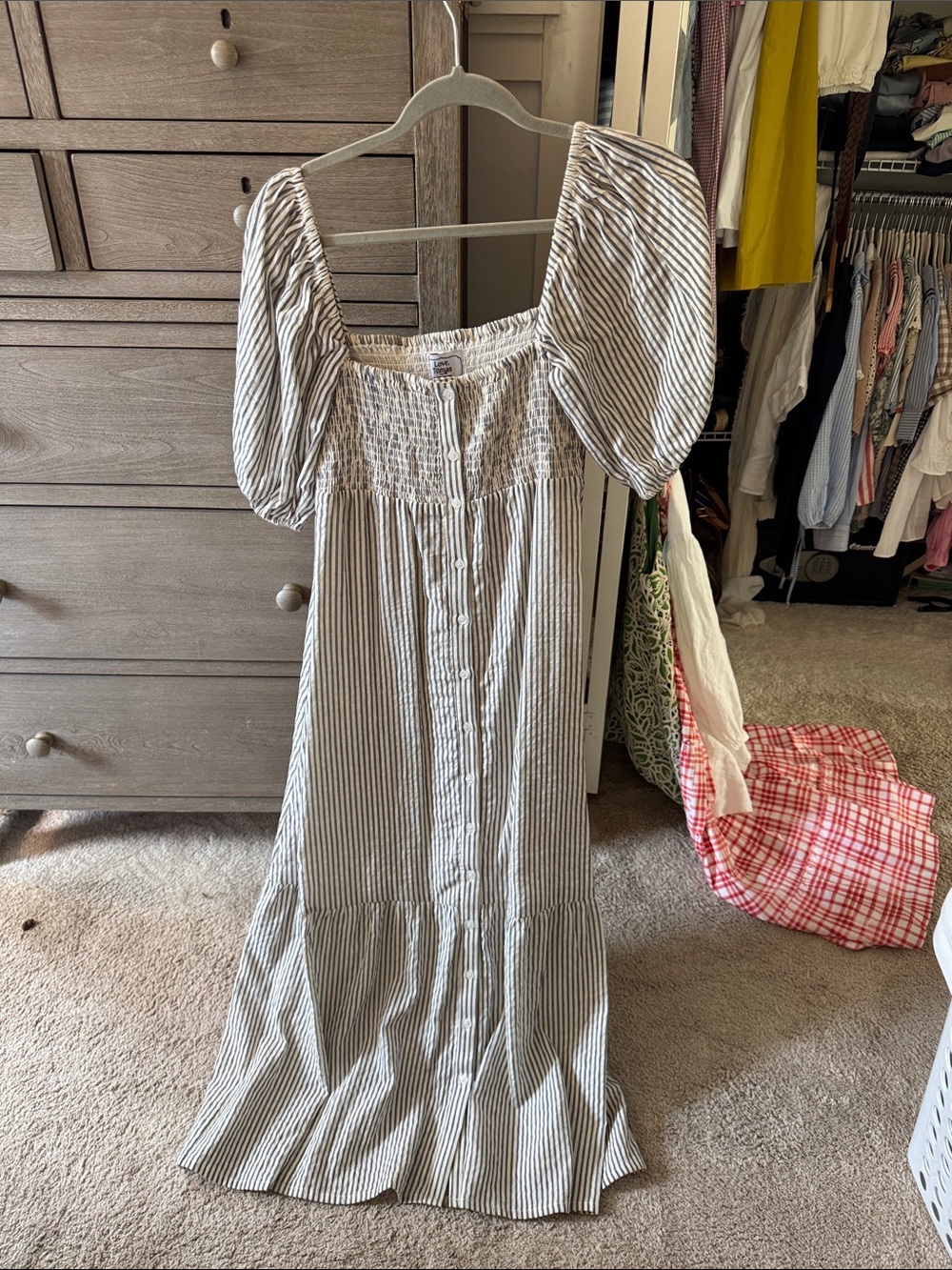 Emerson Fry Smocked Puff-Sleeve Maxi Dress in Black & White Stripe